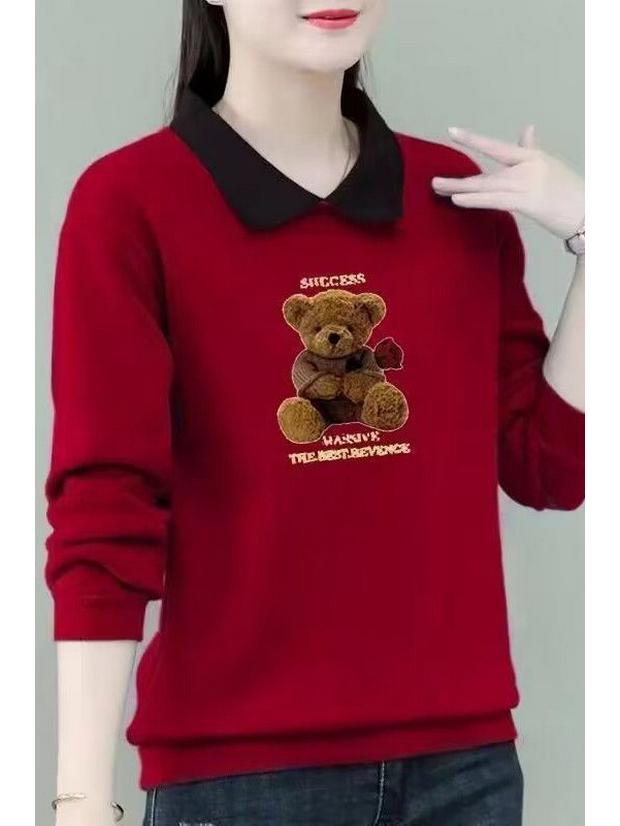 2025 Autumn/Winter Women's Plus Size Velvet Polo Collar Long Sleeve Cartoon Print Sweater