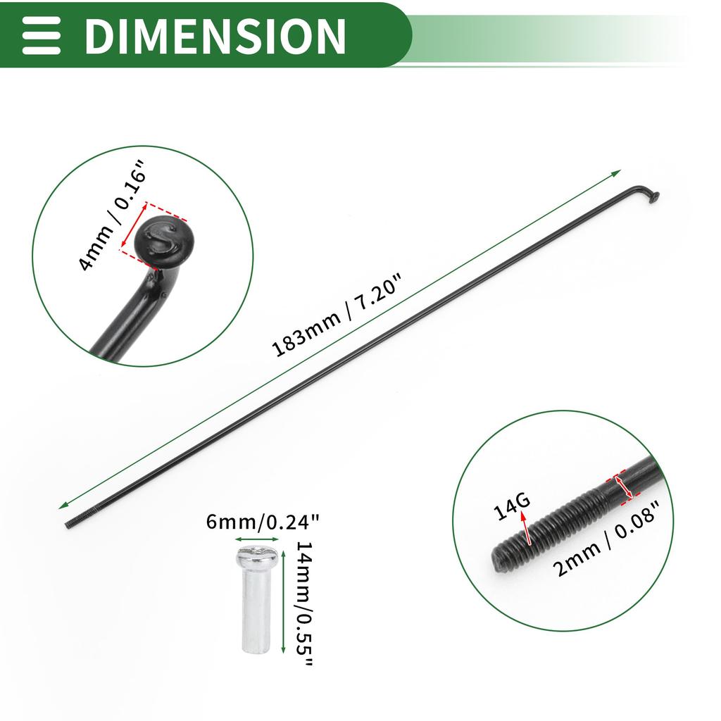 Motoforti Universal Bicycle Spokes, Bicycle Wheel Spokes, 14G, 183mm Length, Carbon Steel, Black, 1 Set