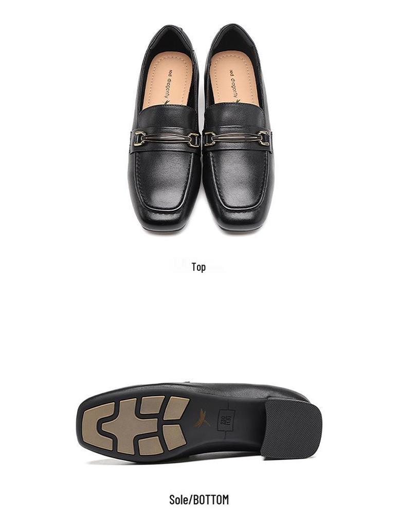 Red Dragonfly Women's Genuine Leather Slip-on Shoes, 2025 Autumn Style, Thick Sole, Square Toe, Chunky Heel.