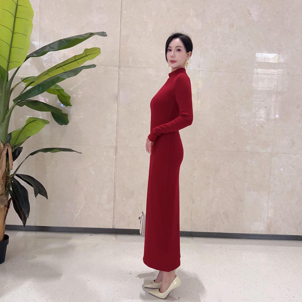 Elegant High-End Autumn Winter Dress: Warm, Semi-High Collar, Slimming Socialite Style
