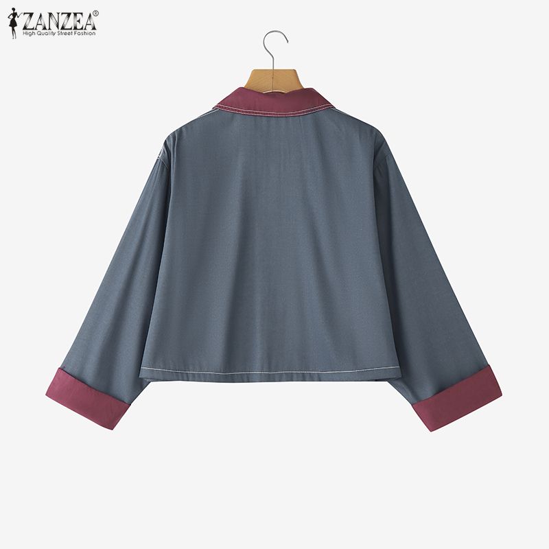 ZANZEA Women Splice Turn Down Collar Casual Long Sleeve Blouse