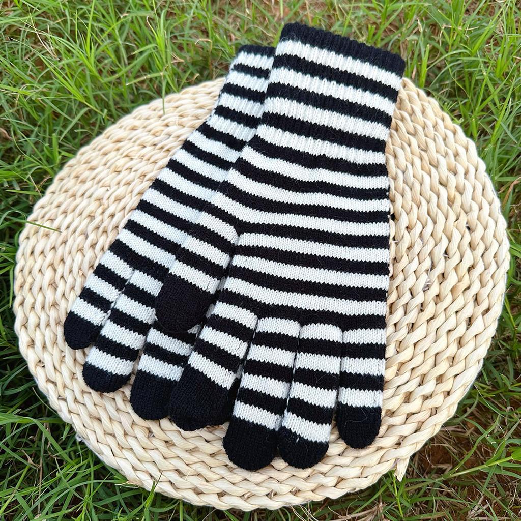 Winter Gloves for Men Women Mobile Phone Touch Black White Stripe Warm Gloves Soft Knit Gloves Elastic Cuff