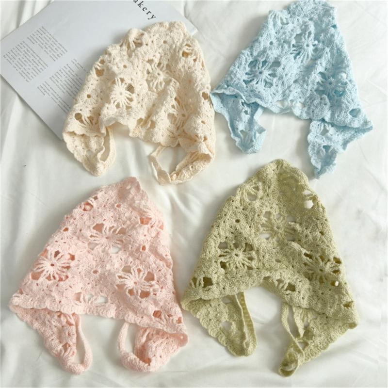 Lace Crochet Flower Triangled Scarf Head Wrap Lightweight Breathable Knit Hair Bandana Delicate Style Photography Accessory
