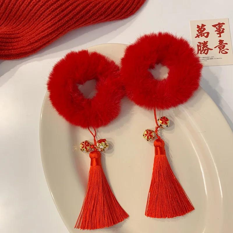 2PCS New Tassel Big Red Chinese-style Hair Accessories Cute Children’s Day And New Year Performances Imitation Rabbit Hair Loops