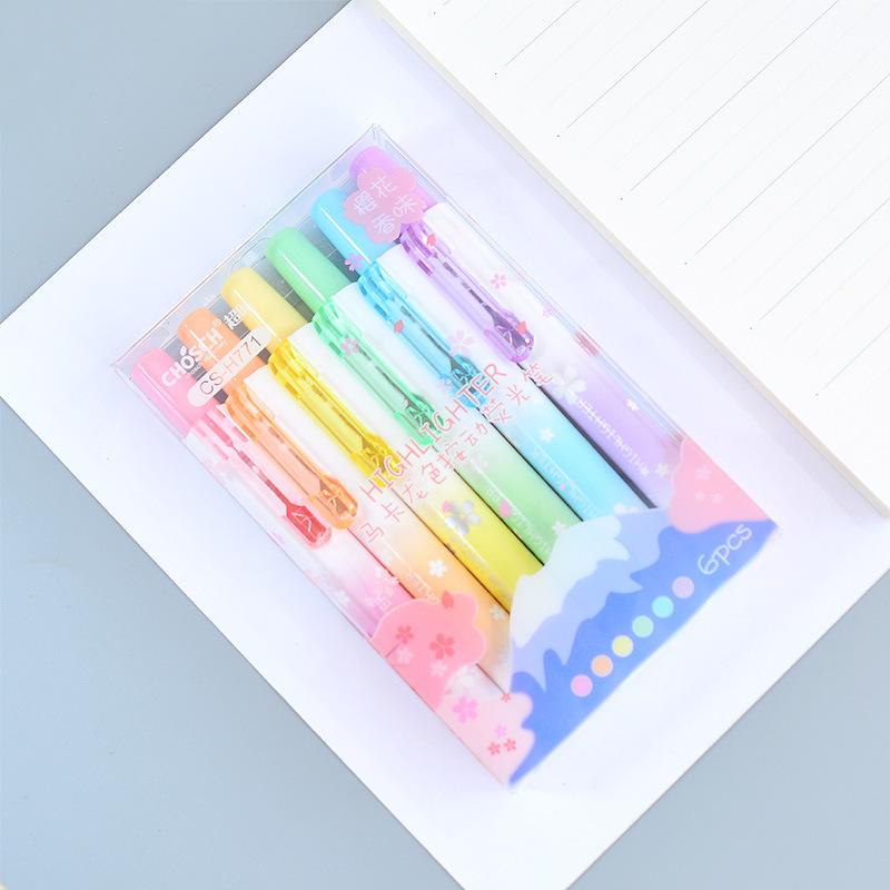6ks/sada Kawaii Stahovací zvýrazňovače Makaron Pastelový Zvýrazňovač Pero Fluorescenční popisovače pro školní potřeby Roztomilé psací potřeby