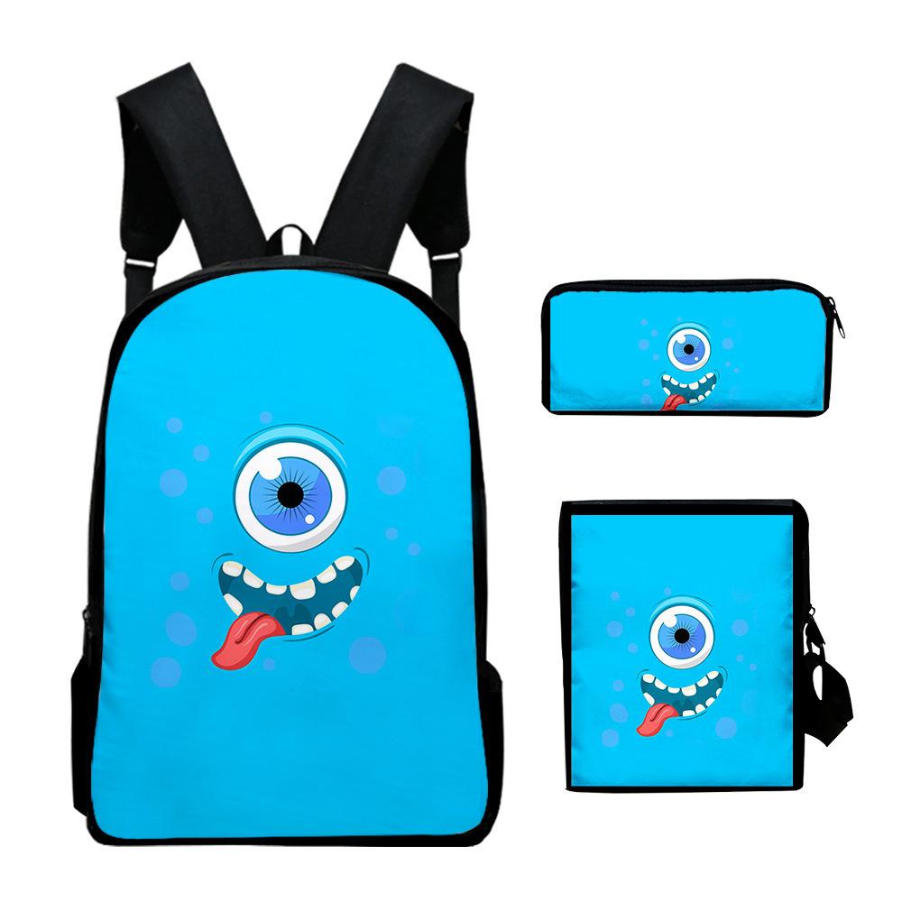 Novelty Classic Monster Face 3D Print 3pcs/Set pupil School Bags Laptop Daypack Backpack Inclined shoulder bag Pencil Case