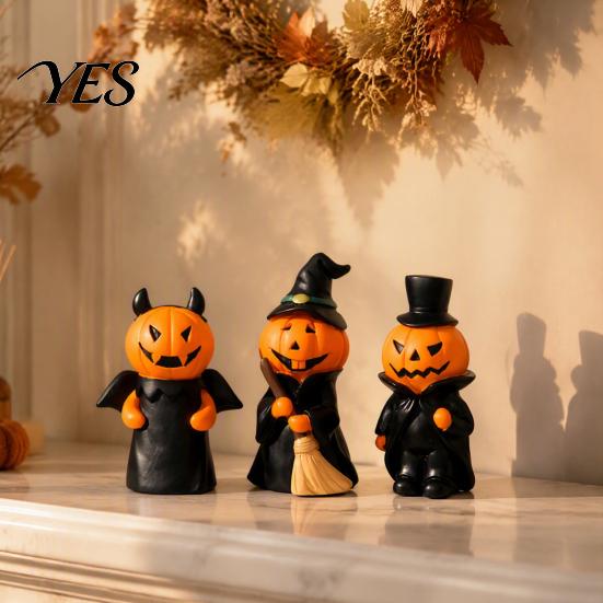 Compact Spooky Collectibles 3Pcs Halloween Pumpkin Ghost Figurine, Resin Tabletop Decor Whimsical Home Accents for Bookshelf And Tiered Tray,