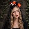 Halloween Party Hair Accessory Pumpkin Skull Floral Headband, Stable Hoop with 3D Artificial Costume Headband Flowers And Spiderweb Black Gauze Gothic