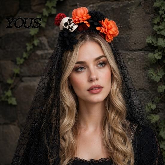Halloween Party Hair Accessory Pumpkin Skull Floral Headband, Stable Hoop with 3D Artificial Costume Headband Flowers And Spiderweb Black Gauze Gothic