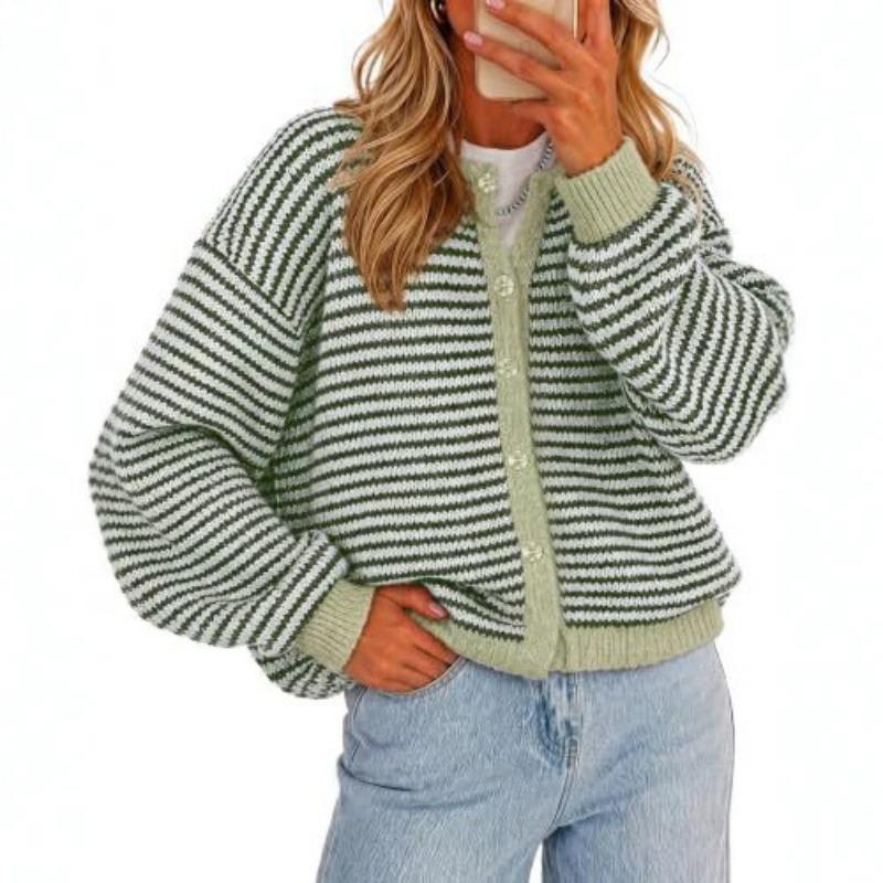 Cardigan lavorato a maglia a righe da donna con scollo rotondo, maglione casual a cappotto
