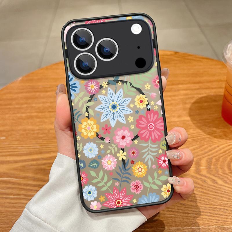 Translucent Matte Magnetic Case For iPhone 17 16 15 Pro 14 13 Pro Max 16e 17e For Magsafe Pink Flower Print Hard PC Back Cover