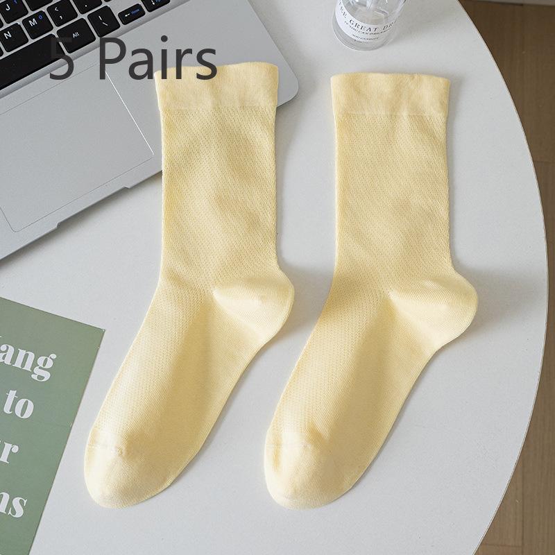 5 Pairs White Socks Women Summer Thin Cotton Mid-calf Socks Mesh Breathable Cool Feeling Fragrance Antibacterial Anti-odour Monthly Stockings