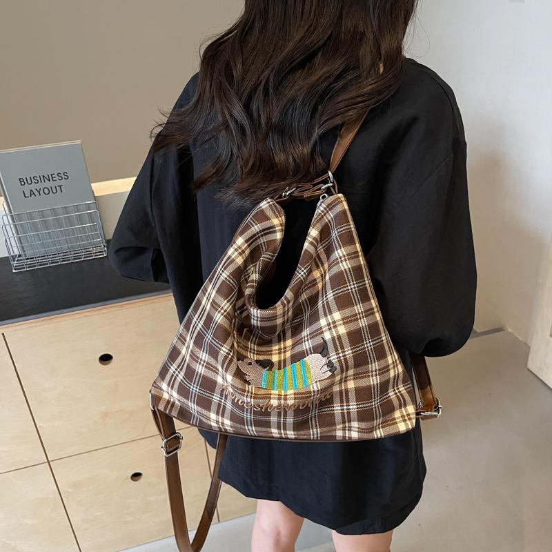 Large Capacity Backpack Women's Commuter Bag Plaid Tote Bag Cartoon Dog Shoulder Bag