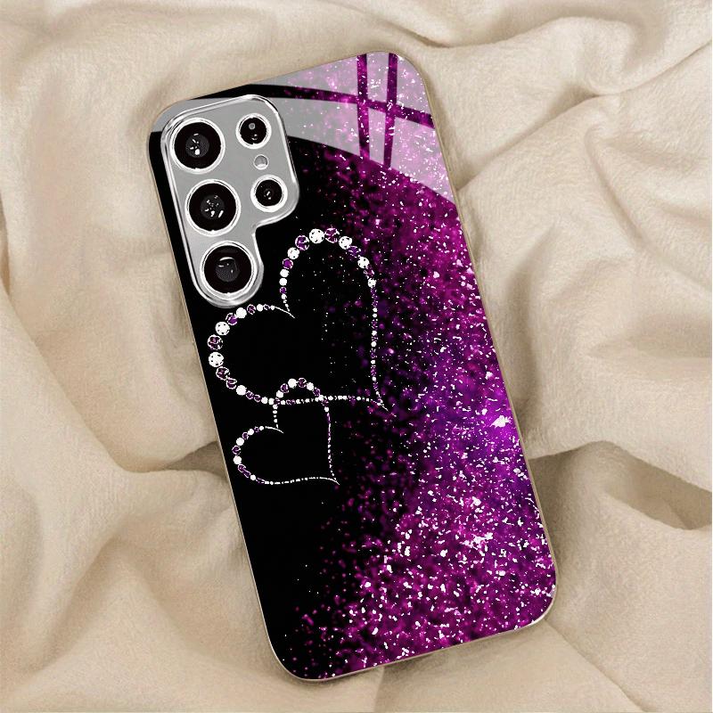 Gold-plated Phone Compatible with Samsung Galaxy S26 S25 S24 S23 S22 Ultra Plus. Made Tempered Glass Decorated Heart Pattern