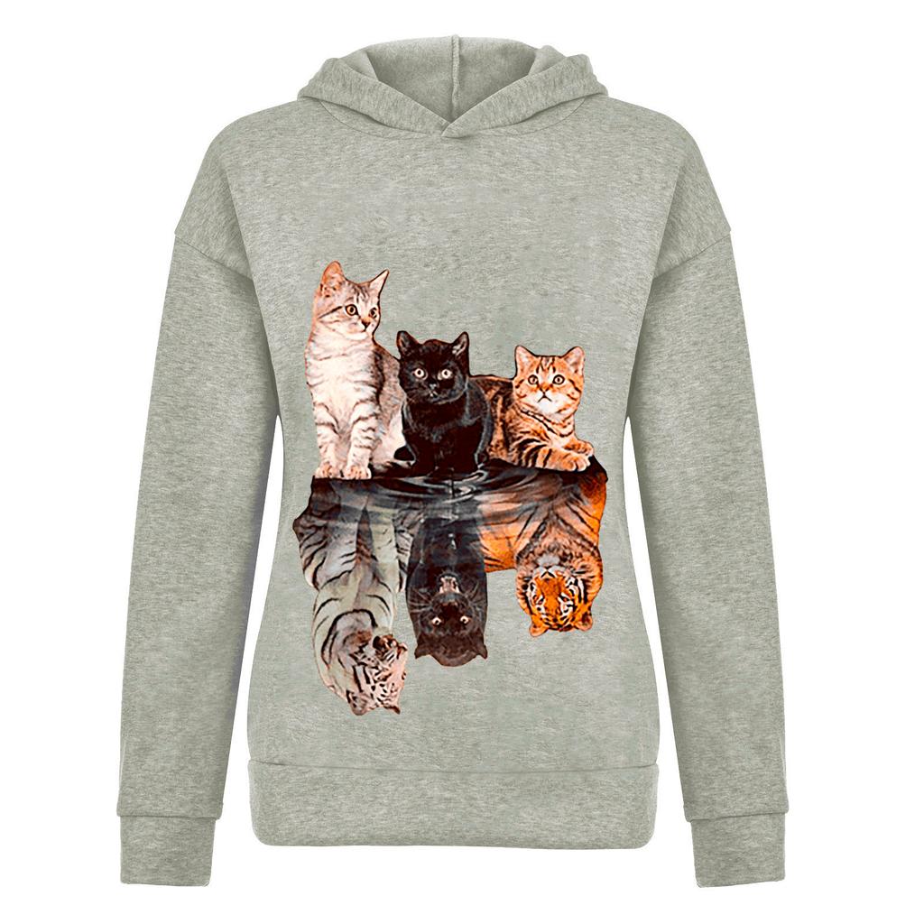 Women Hood  Cat Printing Long Sleeves Pullover Blouses Sweatshirt Tops