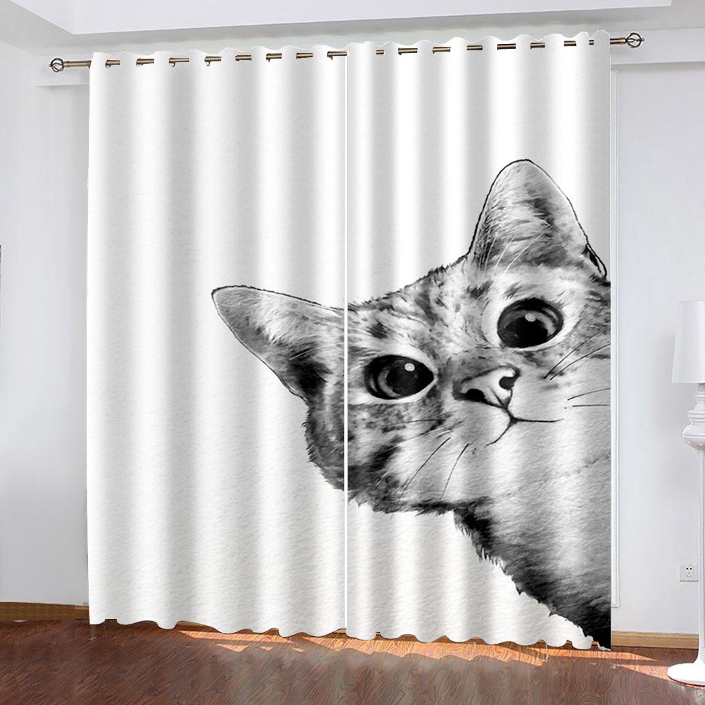 3D Cheap Cartoon Cat Cute Funny Design Shade Thin 2 Piece Window Curtain for Children's Kid Bedroom Living Room Decor on Sale