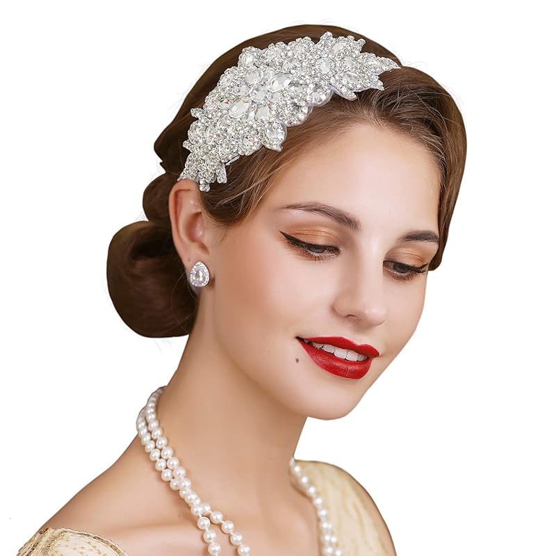 SWEETV Rhinestone Flapper Headband-Elastic 1920s Headpiece, Great Gatsby Hair Accessories for Women серебряный