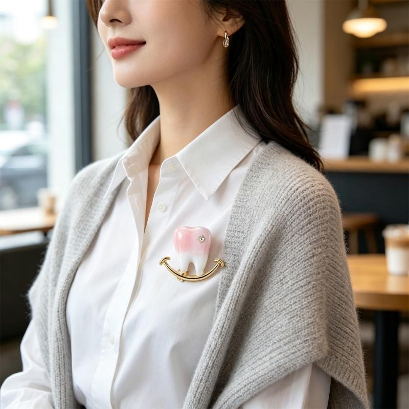 Tooth Brooch Pin Glossy Pink and White Enamel Style Alloy Lapel Accent with Gold Tone Outline, Pin Back Accessory for Jackets Collars and Bags