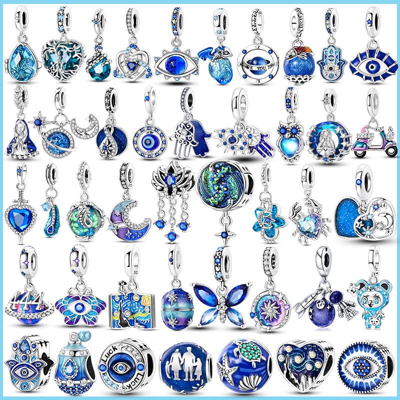 Copper Blue Series Charms Bead Inlaid Zirconium Heart Moon Palm Eye Pendant Fit Bangle Bracelet Diy Jewelry Marking