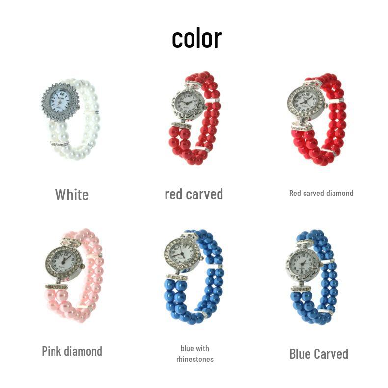 Women's Double-Row Imitation Pearl Beaded Bracelet Watch with Diamond-Set Quartz