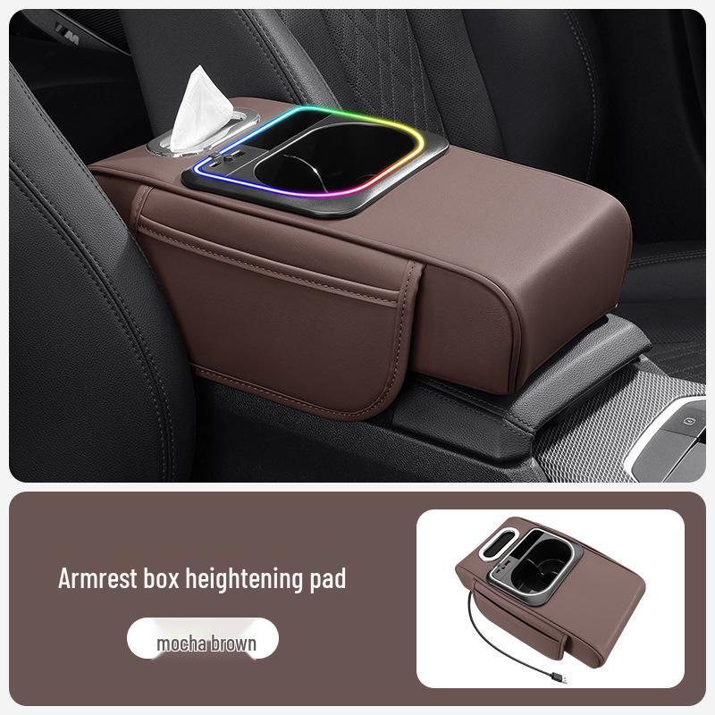 Multifunctional Car Armrest Riser with Dual Fast Charging, Rhythm Light, Cup Holder, and Tissue Box