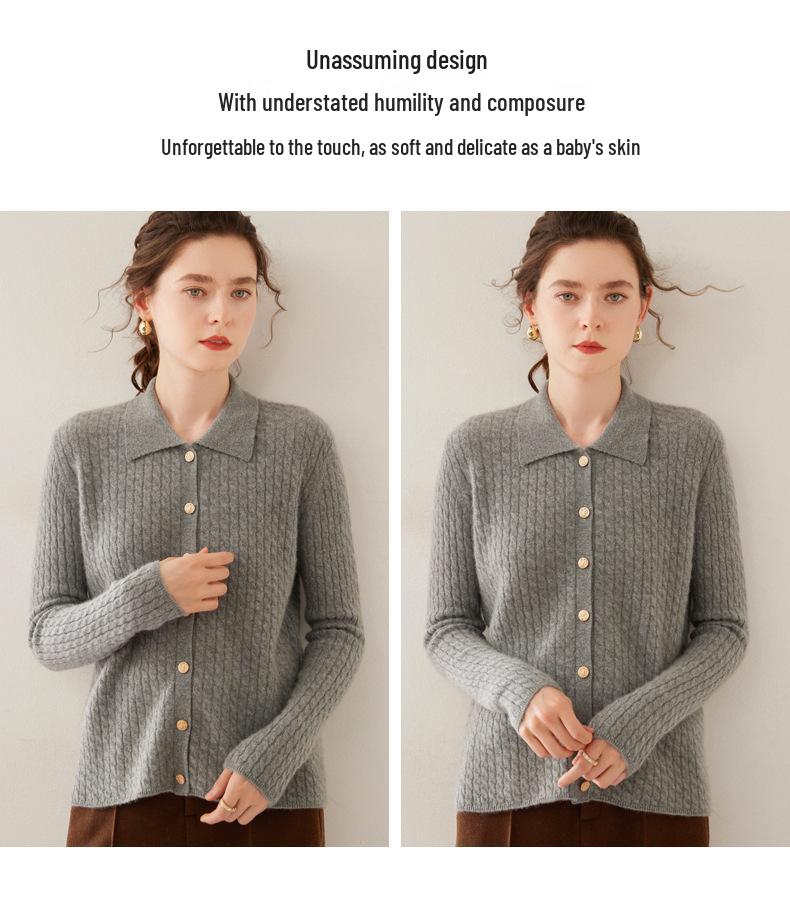 Women's Twist Pattern Polo Collar Wool Cardigan - Autumn/Winter Slim Fit Cashmere Knit Sweater