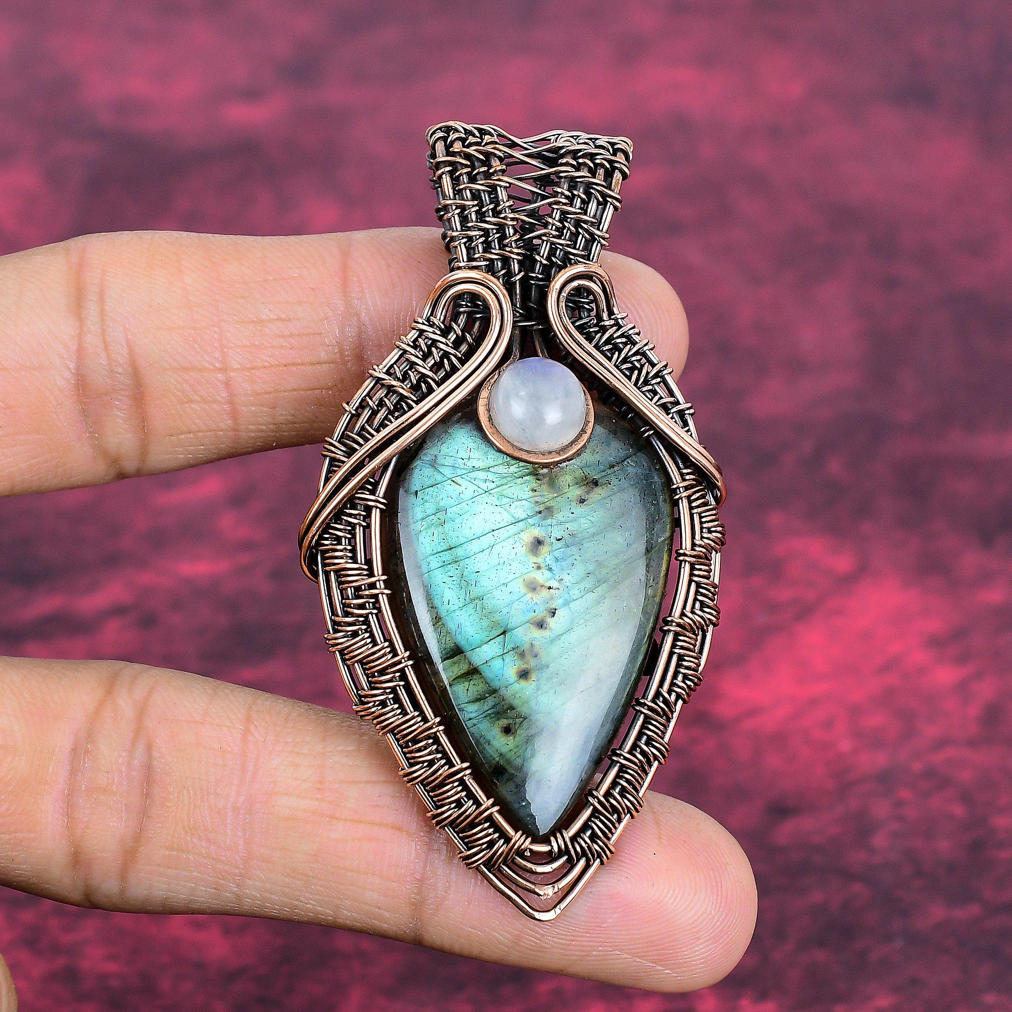 Labradorite Pendant Copper Wire Wrapped Rainbow Moonstone Pendant Gemstone Jewelry