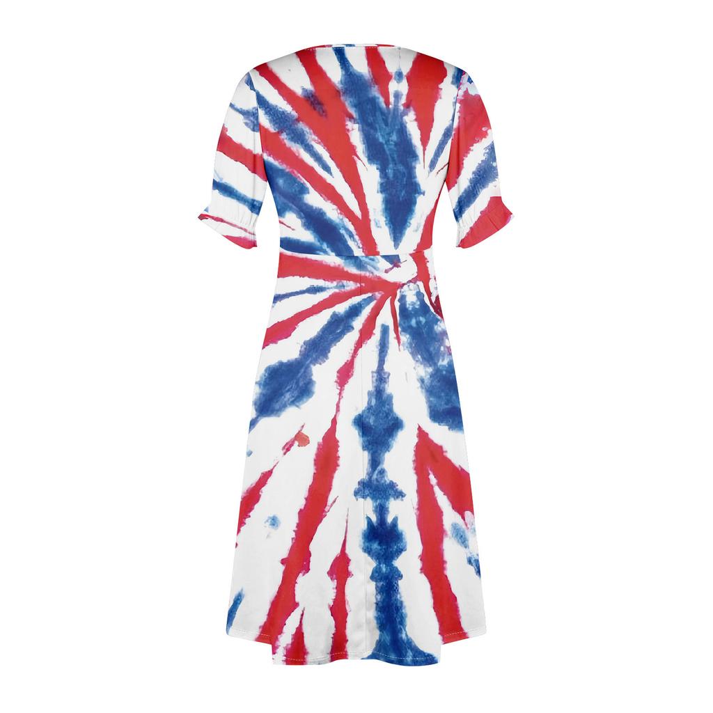 Strandkleider für Damen Frühling Sommer Elegant Wickel V-Ausschnitt Unabhängigkeitstag Print Kleid Fließend Gerafft Hawaiianisches Maxikleid