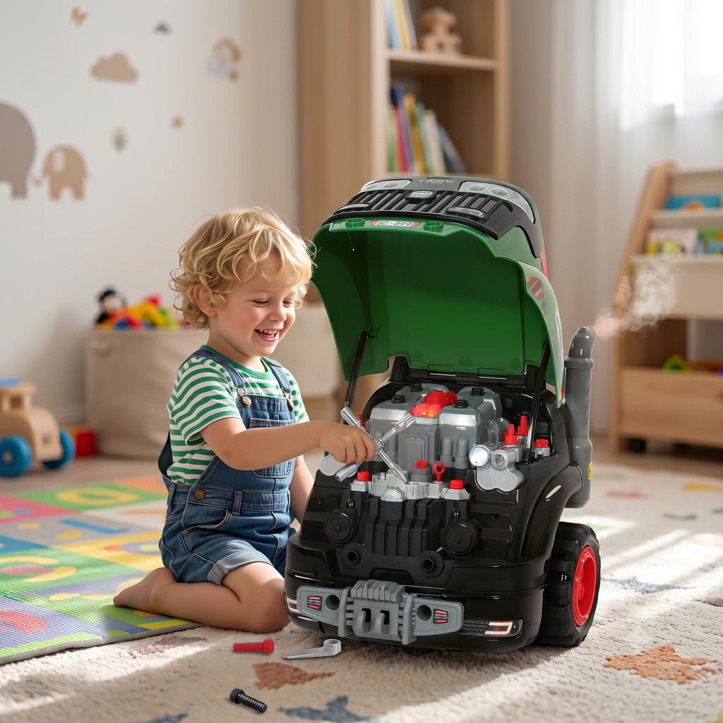 Children's Truck Engine Toy, Steering Wheel, Fog Effect, Sound and Light, Ages 3-6, Green