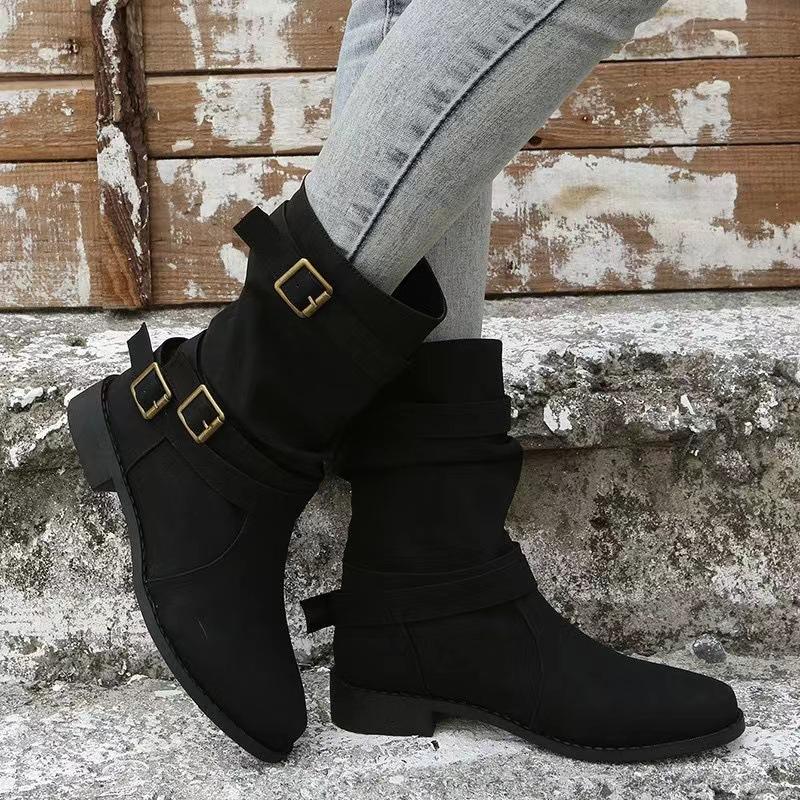 Autumn And Winter Large Slope Heel Women'S Boots Solid Color Folded Slope Heel Buckle Short Style 35-43