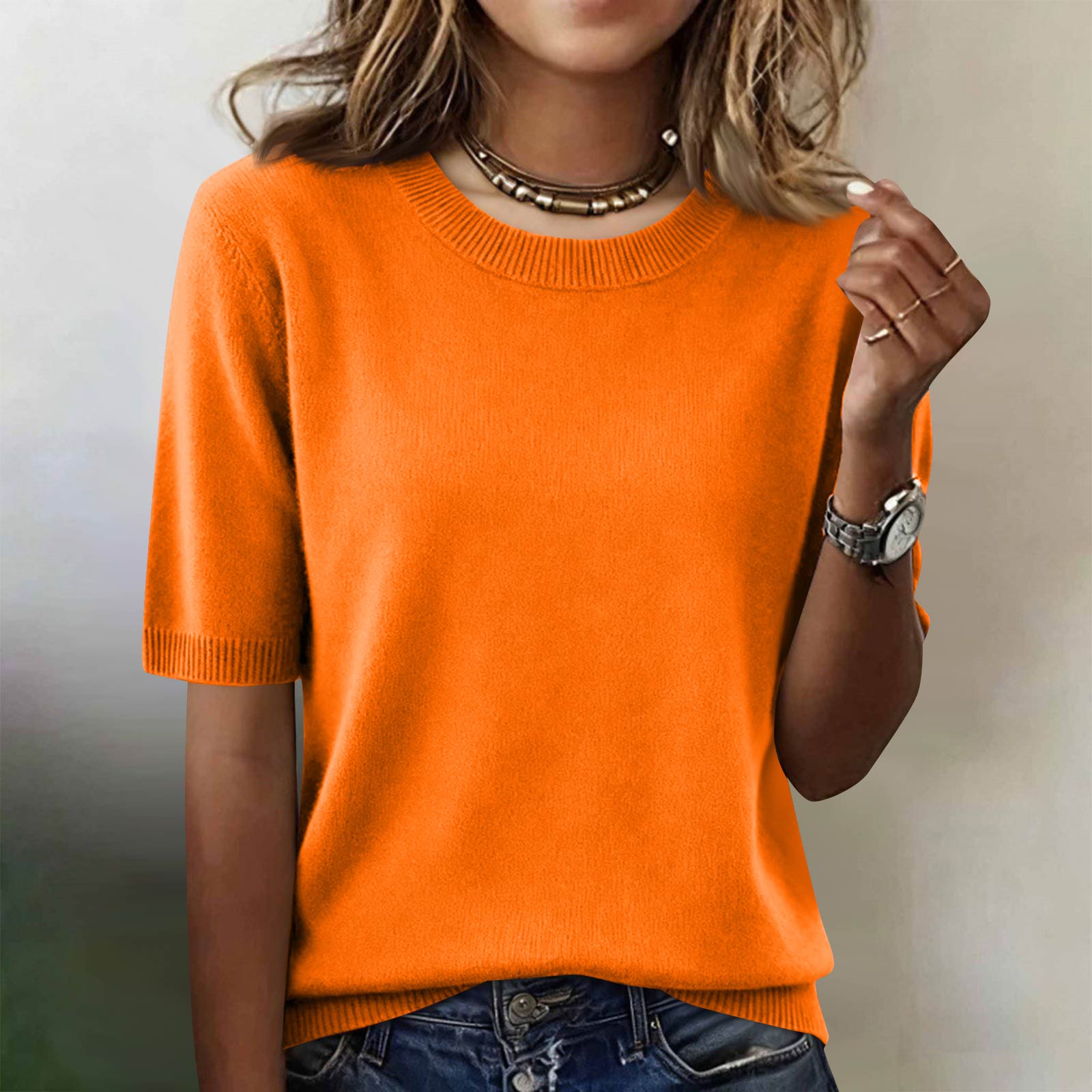 Женская модная повседневная рубашка с круглым вырезом и коротким рукавом XL оранжевый