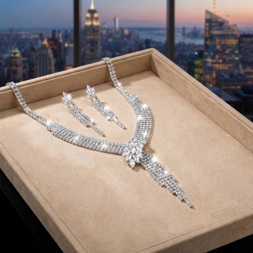 Elegant Necklace Earrings Bracelet Set Sparkling Crystal Wedding Ornaments Festival