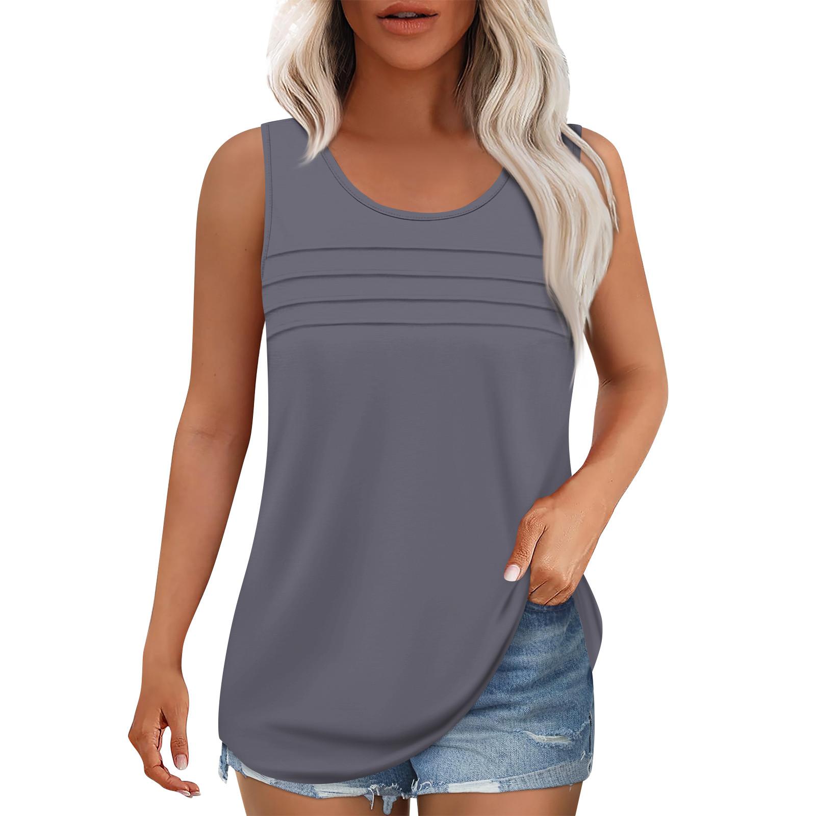 

Майка для женщин Летние наряды Блузки без рукавов Повседневные свободные рубашки Округлый вырез Складки спереди L