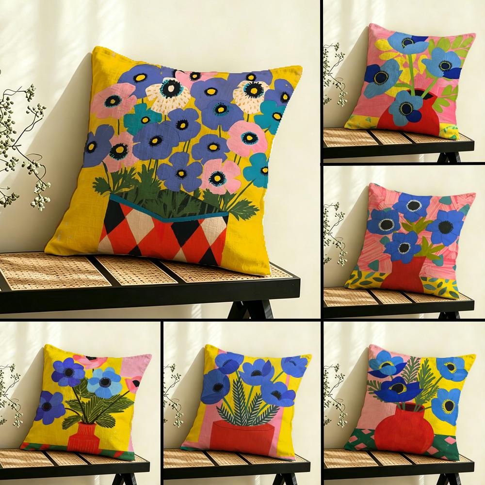 PBlooming Blue Anemone Cushion Cover Linen DoubleSided Pillowcase Sofa Cushion Cover MultiSize Home Decor