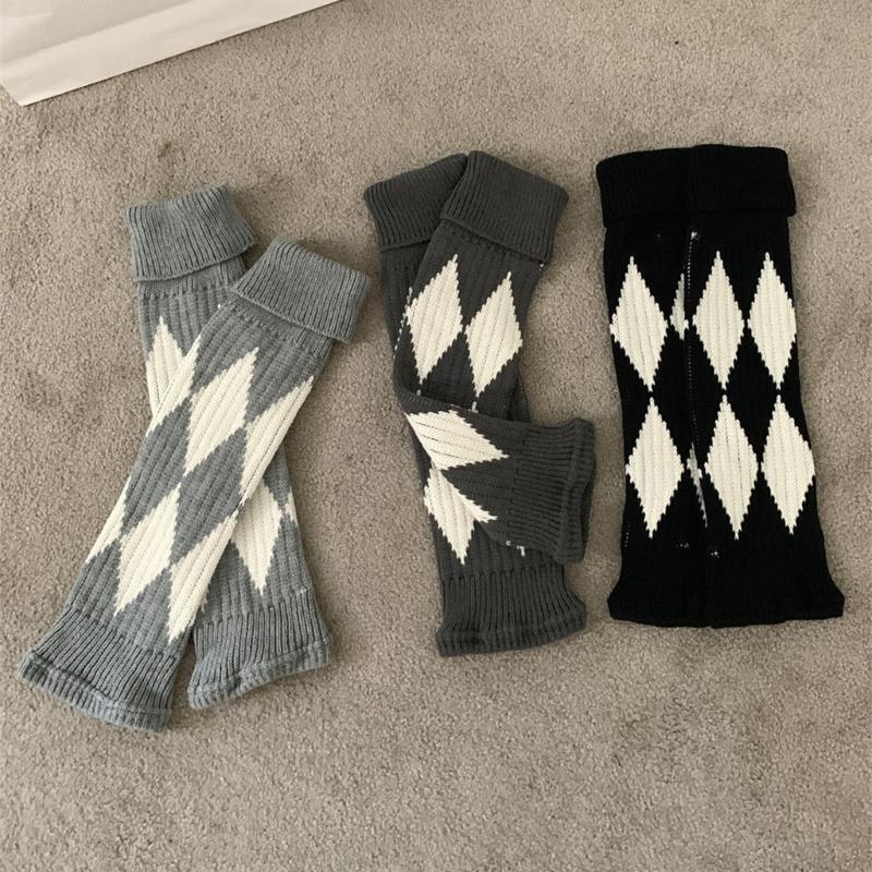 Argyle Pattern Wool Knitted Turn Cuffs Leg Warmers for Women and Students Cold Weather Foot Covers Footless Calf Socks