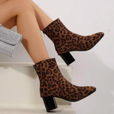 Autumn Leopard SuedeWomen Ankle Boots Thick Heels Pointed Toe Shoes Modern Short Botas Para Mujer