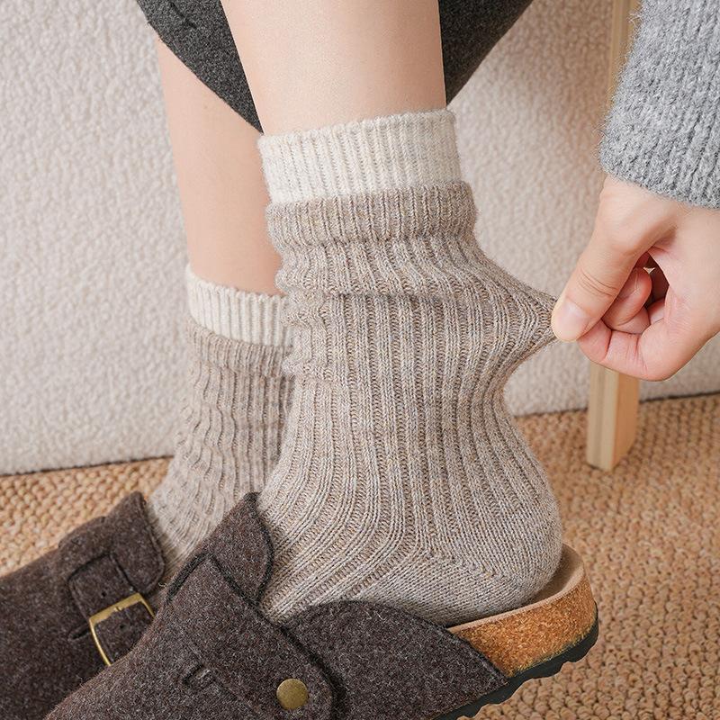 Wool Socks Children'S Stacking Socks Season Warm Color Matching Double-Layer Mouth Piled And Thickened Winter Retro Medium Tube Socks Women