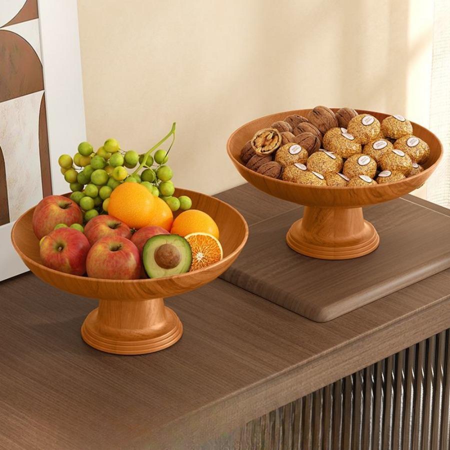 Plastic Wood Grain High Leg Fruit Plate Vintage Style Dim Sum Plate Fruit Plate Kitchen Storage Household Dried Fruit Snacks