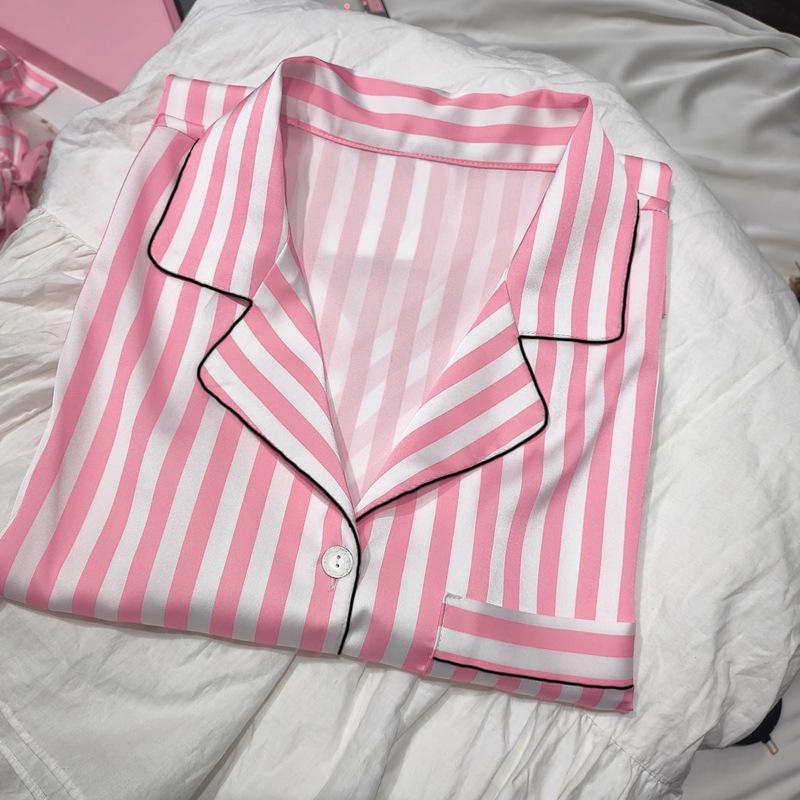 Women's Summer Pink Stripe Ice Silk Short Sleeve Pajama Set for Indoors and Outdoors