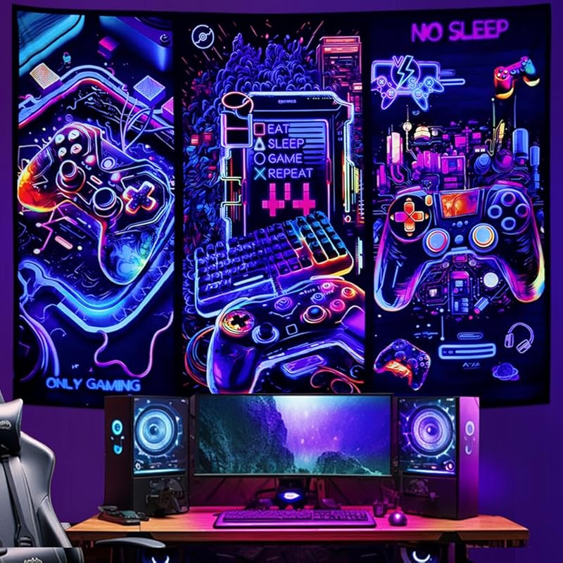 Galoker Blacklight Gaming Tapestry Cool Neon Game Controller Tapestry UV Reactive Gamer Player Wall Tapestries Funny Art Gaming Poster Tapestries