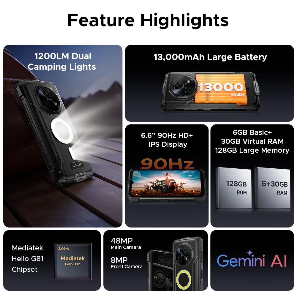 Doogee Fire 5 Ultra 4G Robustes Smartphone 1200LM Doppeltes Campinglicht 13000mAh 18W 36GB+128GB 6,6" HD+90Hz
