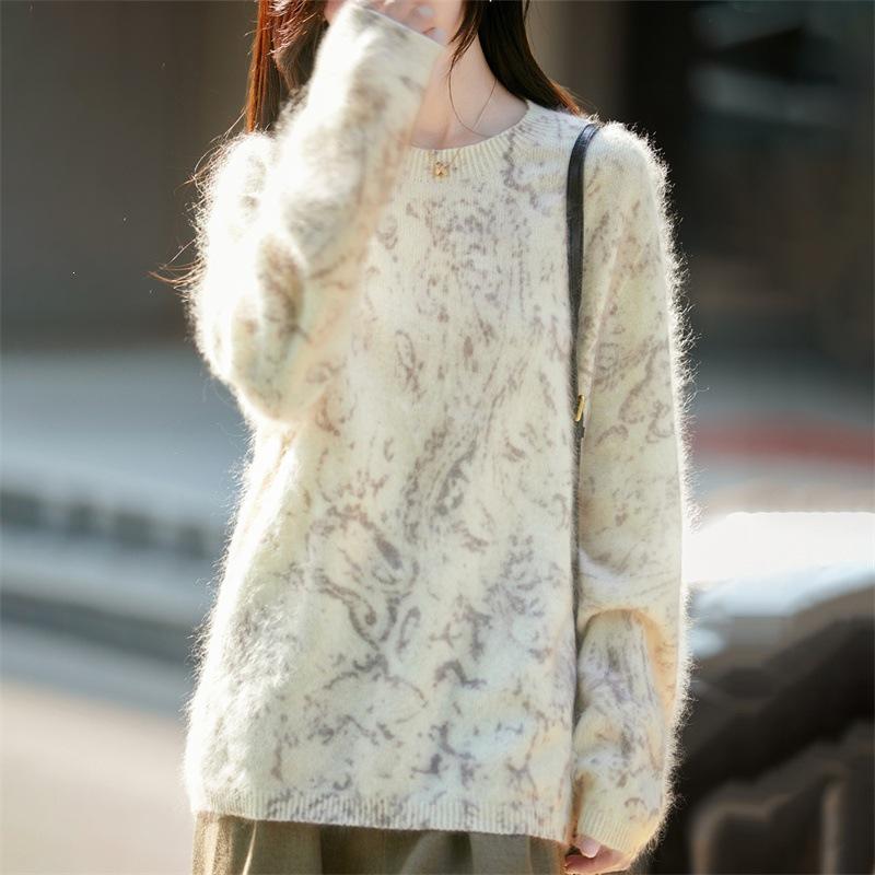2026 Autumn/Winter Women's Floral Cashmere Wool Sweater - Round Neck, Long Sleeve, Brushed Knitwear