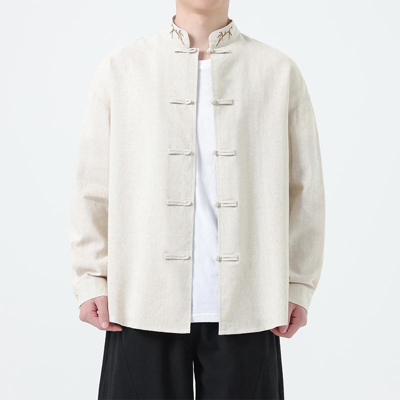 2025 Autumn Men Chinese Style Bamboo Embroidery Shirt Men Long Sleeve Loose Lazy White Shirts Men Cotton Linen Hanfu Tops