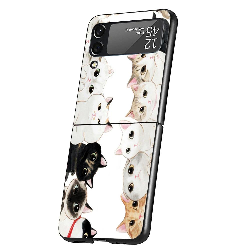 Cartoon Cute Cats Background Case Phone Cover for Samsung Galaxy Z Flip 6 5 4 3 5G ZFlip6 ZFlip5 ZFlip4 ZFlip3 Black Hard Trend