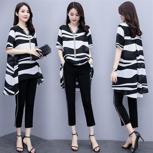 Women's Summer Casual Plus Size Elegant Top and Wide-Leg Pants Two-Piece Set