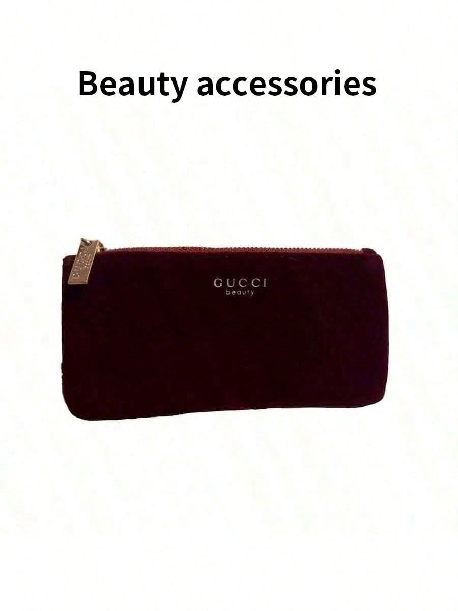 Gucci Burgundy Velvet Zipper Makeup Pouch, Gucci Beauty Cosmetic Bag