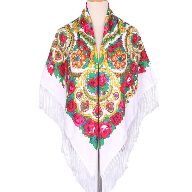 Women's Ethnic Print Summer Shawl - Large Square Scarf with Tassels for Travel & Photos