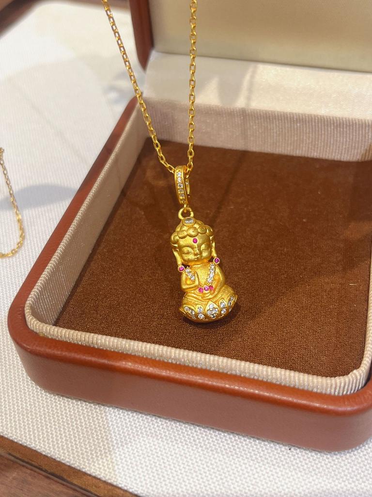 Ancient Frosted Tiger Eye Baby Buddha Necklace Braided Lotus Small Gold Buddha Pendant Necklace