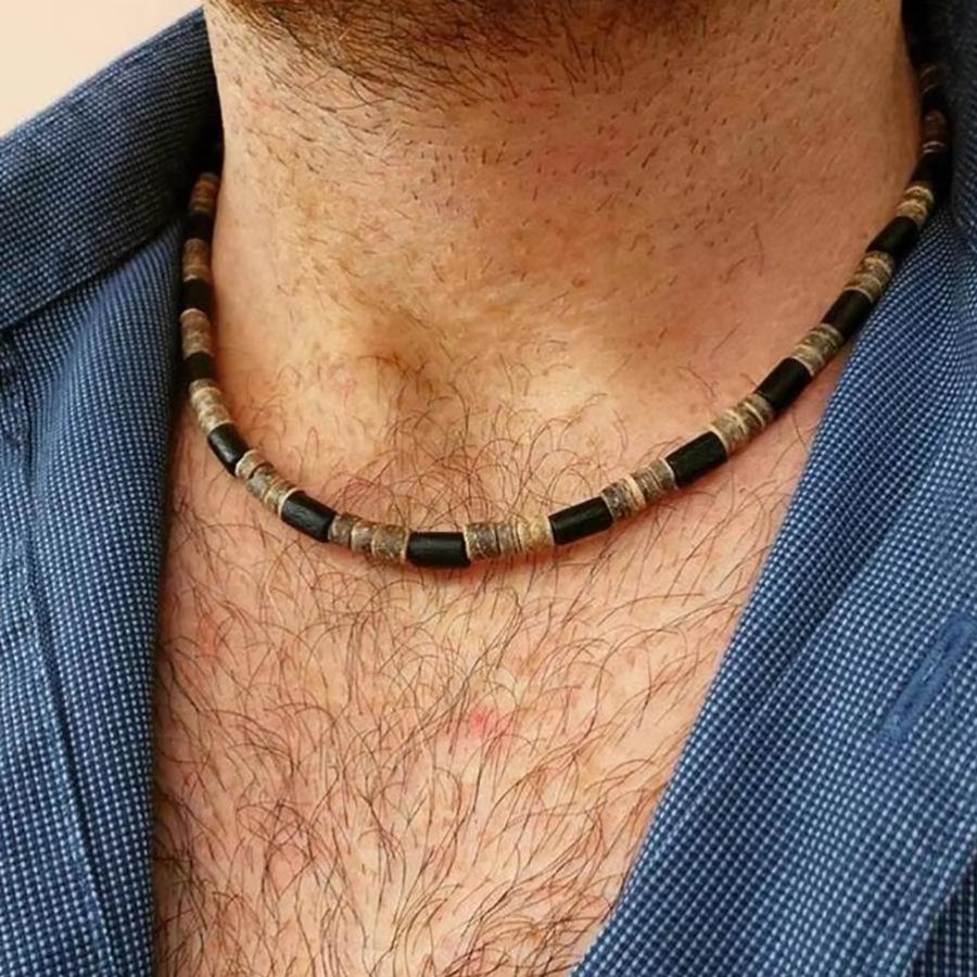Summer Beach Bohemian Wood Chip Coconut Shell Necklace Men's Surf Necklace Simple Tribal Stainless Steel Necklace