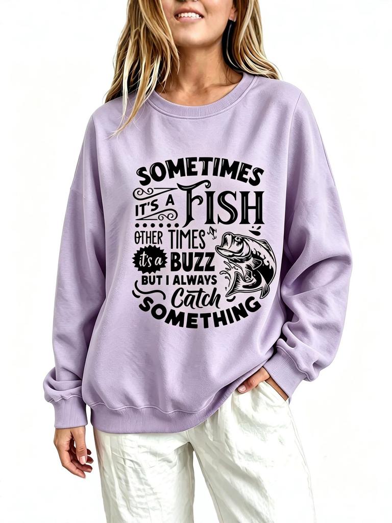 Fishing lovers theme women's sweater fun slogan fish pattern printing loose long-sleeved women's clothing